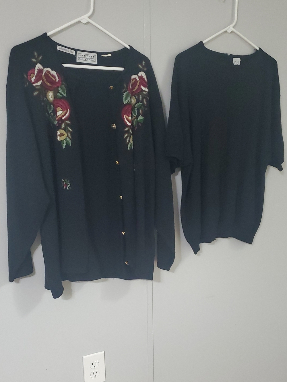 Jantzen Black Cardigan with Red and Green Floral Embroidery With Blouse